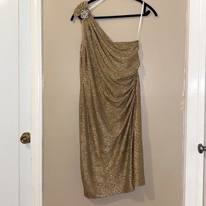 XSCAPE Gold One Shoulder wedding guest dress